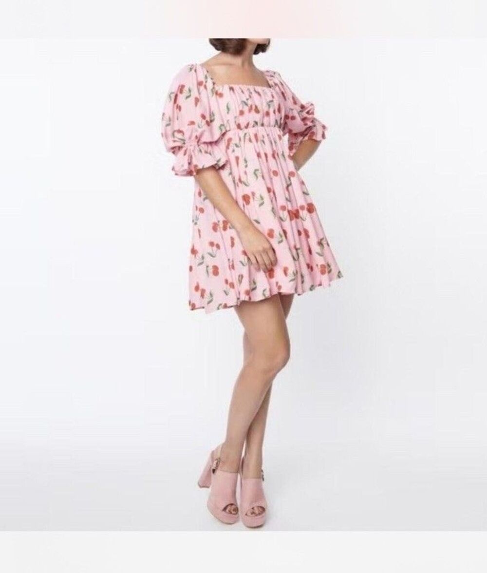 Smak Parlour Dress sz 3X pink cherry print off shoulder tulle flare mod quirky